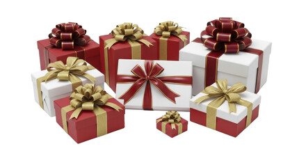 Fototapeta premium Multiple holiday gift boxes with red and gold bows on a transparent background PNG image PNG file