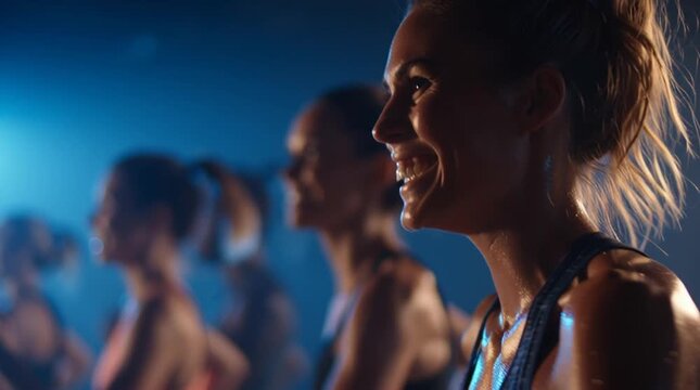 Group fitness class in action with energetic expressions, cinematic lighting, and dynamic motion blur, capturing intensity, teamwork, and motivation in a modern workout environment.
