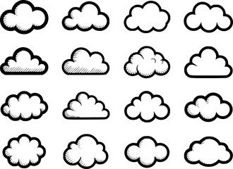 Obraz premium Twelve Hand Drawn Black and White Cloud Shapes Doodle Sketch Style Set Traced Vector Illustrations