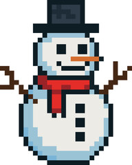 A charming retro pixel-art snowman wearing a black top hat and red scarf, set against a snowy winter background. The retro 8-bit style for winter festive designs, greeting cards, posters, invitations