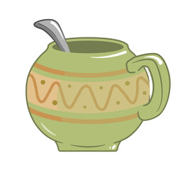 An elegant green pot with patterns and a sturdy handle. Inside is a spoon, ready for use. This charming kitchen accessory will add a touch of style