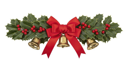 Christmas holly garland with red berries golden bells and festive bow on a transparent background PNG image