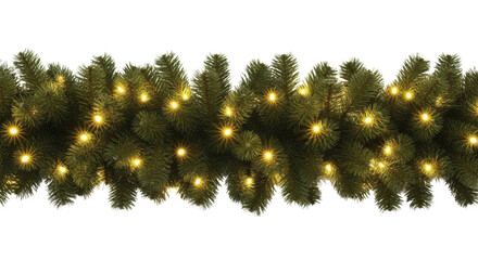 Christmas fir tree garland with glowing festive fairy lights on a transparent background PNG file