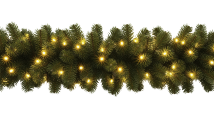 Christmas fir tree garland with glowing festive fairy lights on a transparent background PNG file