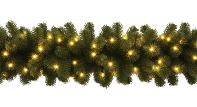 Christmas fir tree garland with glowing festive fairy lights on a transparent background PNG file