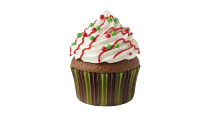 Festive Christmas Cupcake with Red and Green Sprinkles and White Frosting on a Transparent Background PNG Image