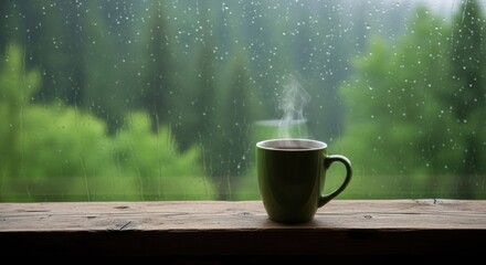 Cozy green mug of steaming coffee on a rainy day window