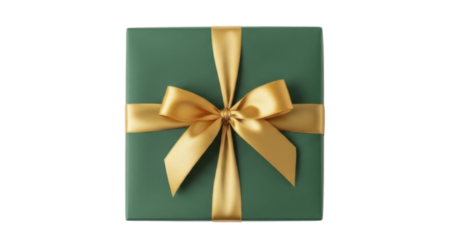  Dark green Christmas present with golden ribbon bow on a transparent background PNG image