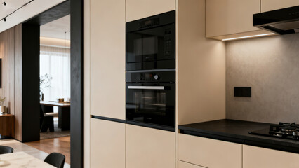 Fototapeta premium Beige Minimalist Kitchen with Black Built-in Appliances