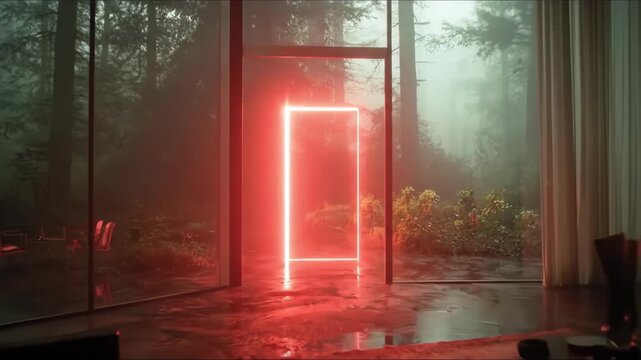 Red glowing door in modern room with misty forest view. Surreal neon portal opening to foggy woodland. Fantasy interior escape and dimensional gateway concept.
