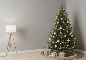 A christmas tree with lights, white ornaments, and gifts, next to a modern tripod lamp in a minimalist room