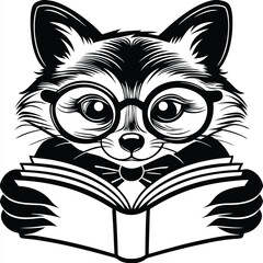 Smart fox wearing glasses and a bowtie is engrossed in reading an open book