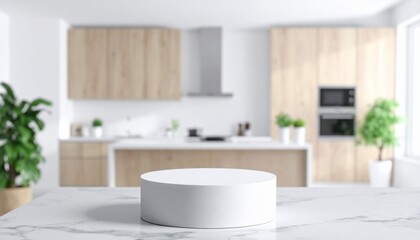 Minimalist kitchen interior with a blank pedestal for product presentation or display purposes