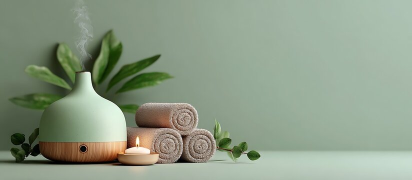 Aromatherapy diffuser essential oils spa towels candle relaxation wellness zen space
