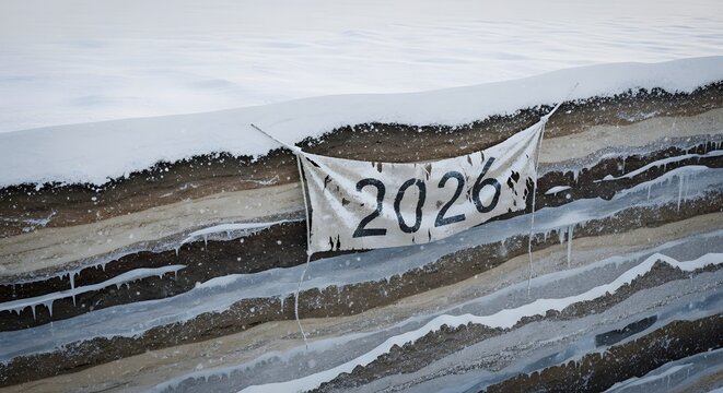 Future year 2026 banner on permafrost layers with snow and ice - Powered by Adobe