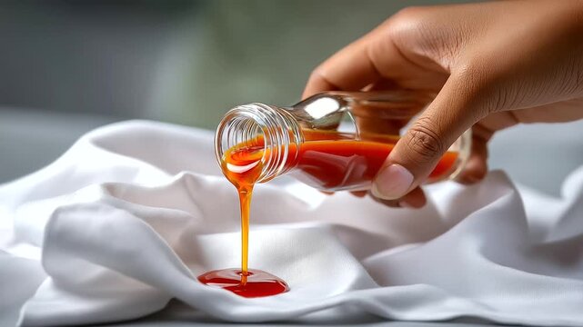 Defocused body holding bottle with crystal clear tomato condiment dripping onto white cotton textile visible, with copy space