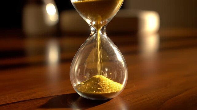 Last seconds flowing in hourglass standing at evening shadow closeup. Gold sand running inside transparent clock measuring time indoors. Elegant glass egg timer showing countdown on table surface.