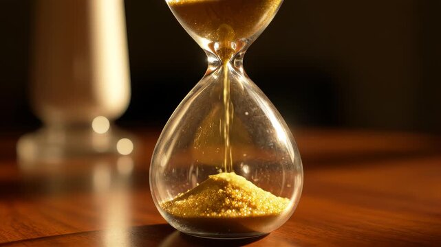 Last seconds flowing in hourglass standing at evening shadow closeup. Gold sand running inside transparent clock measuring time indoors. Elegant glass egg timer showing countdown on table surface.