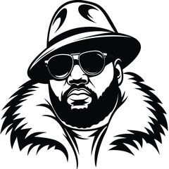 Obraz premium Monochrome man dons round sunglasses and a luxurious fur coat with fedora stylishly