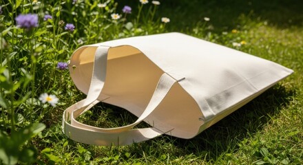 Blank natural canvas tote bag laid open on lush green grass in sunny garden, wildflowers blurred, emphasizing eco-friendly reusable design in natural outdoor setting