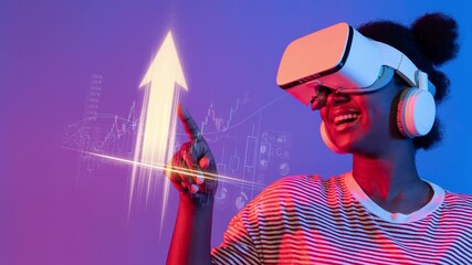 A young woman joyfully interacts with virtual reality technology, wearing a VR headset and headphones, surrounded by vibrant colors and data graphics, representing growth. Raster - Powered by Adobe