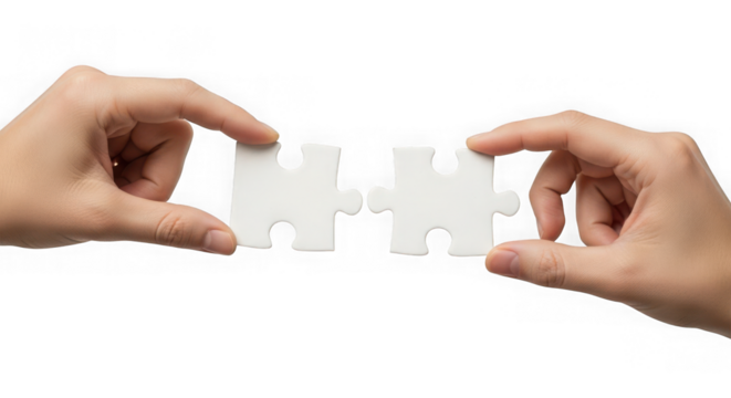 Two hands connecting white puzzle pieces against black background