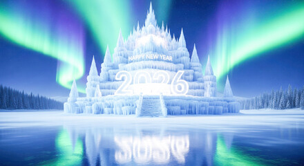 Glistening ice castle displaying 'happy new year 2026' under aurora borealis, winter wonderland Vector