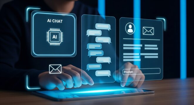 AI Chat Interface Hologram Above Tablet in Futuristic Workspace