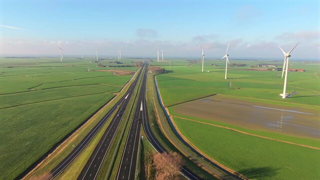 Aerial Wind Farm View with Modern Turbines Generating Clean Energy