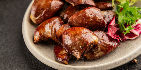Heart turkey roasted offal poultry meat tasty snack fresh delicious gourmet food table background rustic food top view copy space