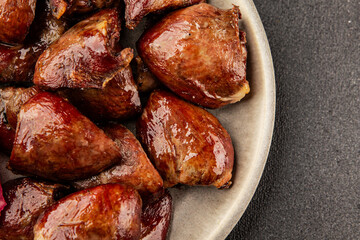 Heart turkey roasted offal poultry meat tasty snack fresh delicious gourmet food table background rustic food top view copy space