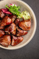 Heart turkey roasted offal poultry meat tasty snack fresh delicious gourmet food table background rustic food top view copy space