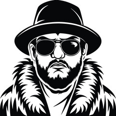 Monochrome of bearded man wearing hat, fur coat, and sunglasses is intensely portrayed