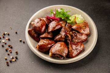 Heart turkey roasted offal poultry meat tasty snack fresh delicious gourmet food table background rustic food top view copy space