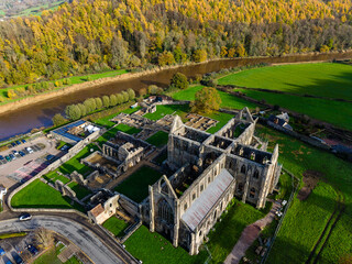 High angle view of Tintern Abbey, a Cistercian monastery ruin in Monmouthshire, Wales