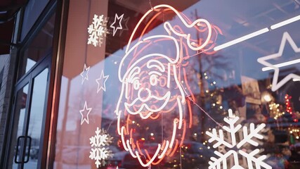 Neon Santa Claus decoration glows brightly in storefront window, showcasing festive atmosphere with snowflakes, camera zooms in for detail - Powered by Adobe