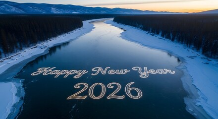 Happy new year 2026 message in frozen river aerial view winter