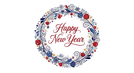A festive circular wreath design with the words 'Happy New Year' in elegant script, perfect for holiday greetings.