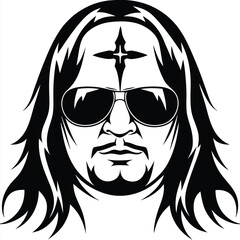 Monochrome portrait showcases an unshaven, bearded man with long hair wearing sunglasses and a cross on his forehead