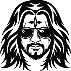 Stern man with flowing hair and sunglasses evokes vintage cool in monochrome