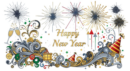 Festive New Year's illustration featuring fireworks, champagne, and celebratory decorations, perfect for holiday greetings.