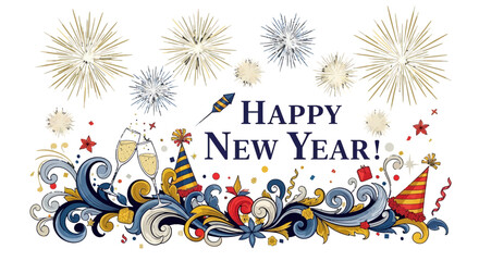 Festive Happy New Year illustration with golden fireworks, a champagne toast, and party decorations.