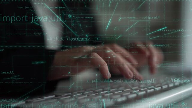 A focused programmer is typing code on a keyboard while surrounded by a digital interface of programming language syntax. This image captures the essence of modern software development. Xenic
