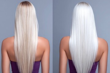 Before and after hairstyle transformation showing blonde to platinum hair