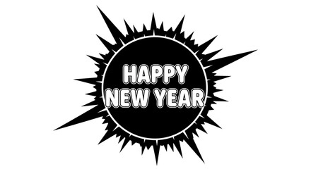 Happy New Year greeting in white text on a black circular starburst graphic.