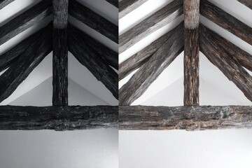 Burnt wooden ceiling beams showing heavy charring and fire damage