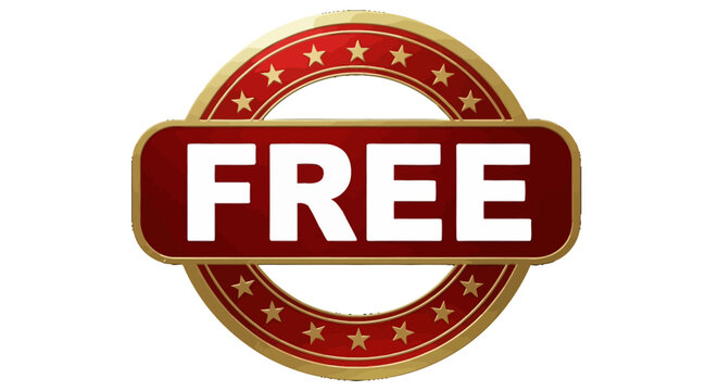 A promotional red and gold seal with a star pattern, featuring the word FREE in bold white letters.