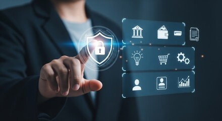 Cybersecurity Shield and Financial Icons on Futuristic Touchscreen