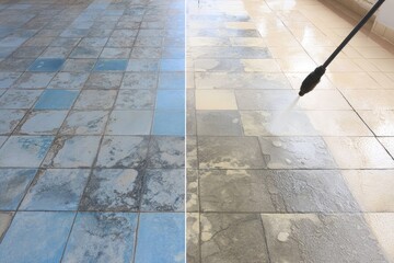 High pressure water cleaning dirty blue tiles showing before and after results