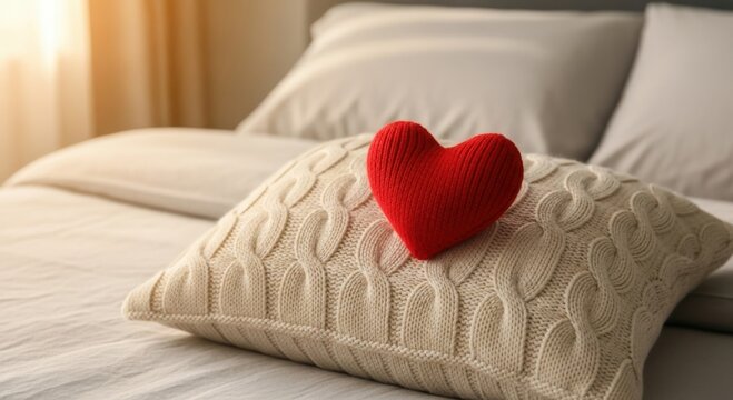Bright red knitted heart placed lovingly on cream knitted pillow on cozy bed with soft linen sheets, warm morning light suggesting affection and comfort, Valentine's Day